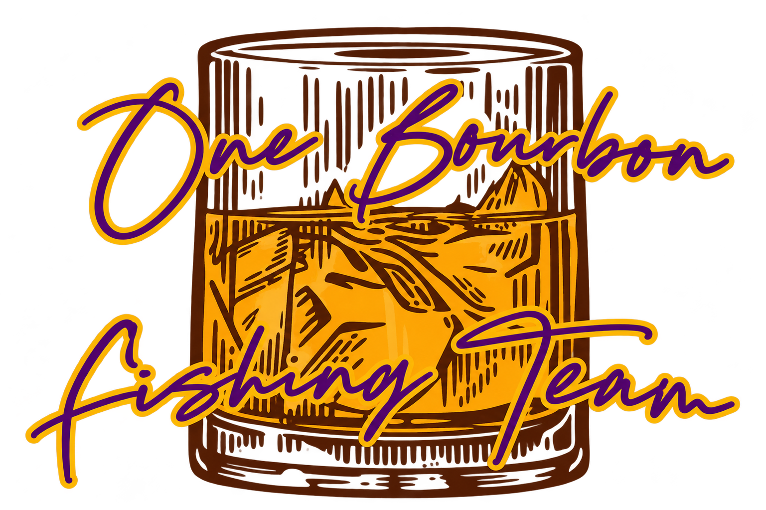 One Bourbon Fishing Team logo with purple and gold script over a bourbon glass